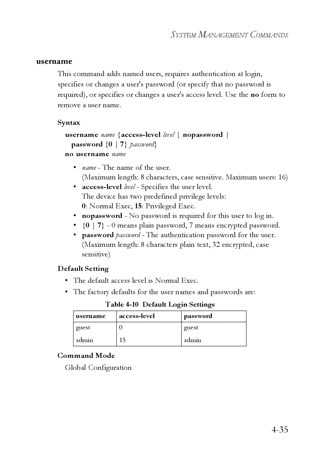 SMC Networks SMC6752AL2 manual Username, Default Login Settings 