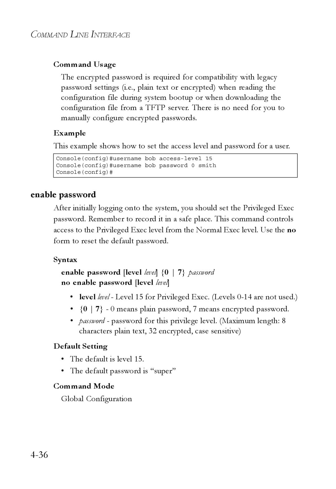 SMC Networks SMC6752AL2 manual Enable password, Default is level Default password is super 