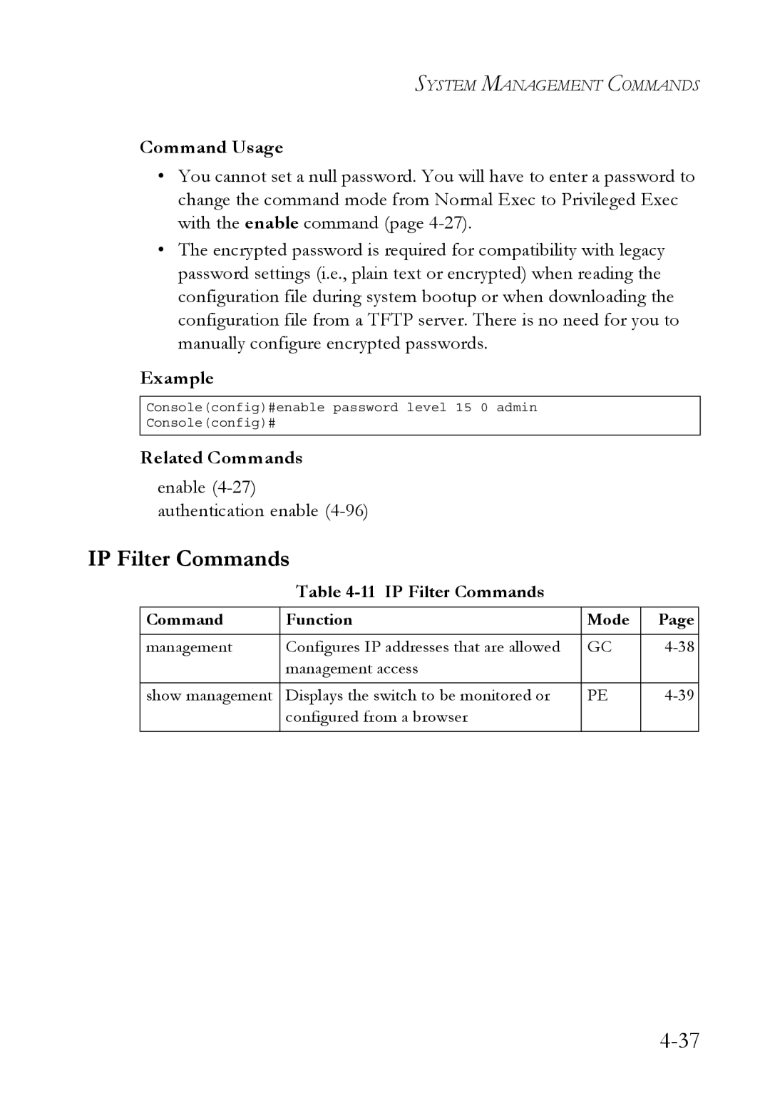 SMC Networks SMC6752AL2 manual IP Filter Commands, Enable 4-27 authentication enable 