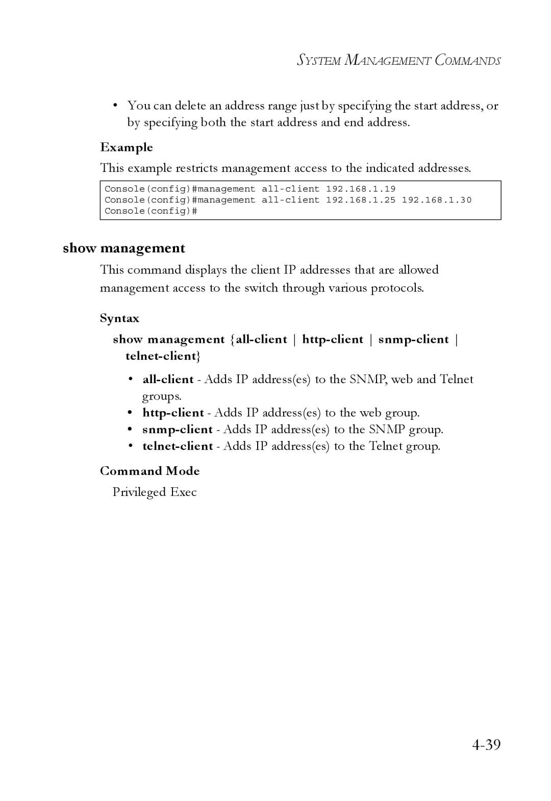 SMC Networks SMC6752AL2 manual Show management, Privileged Exec 