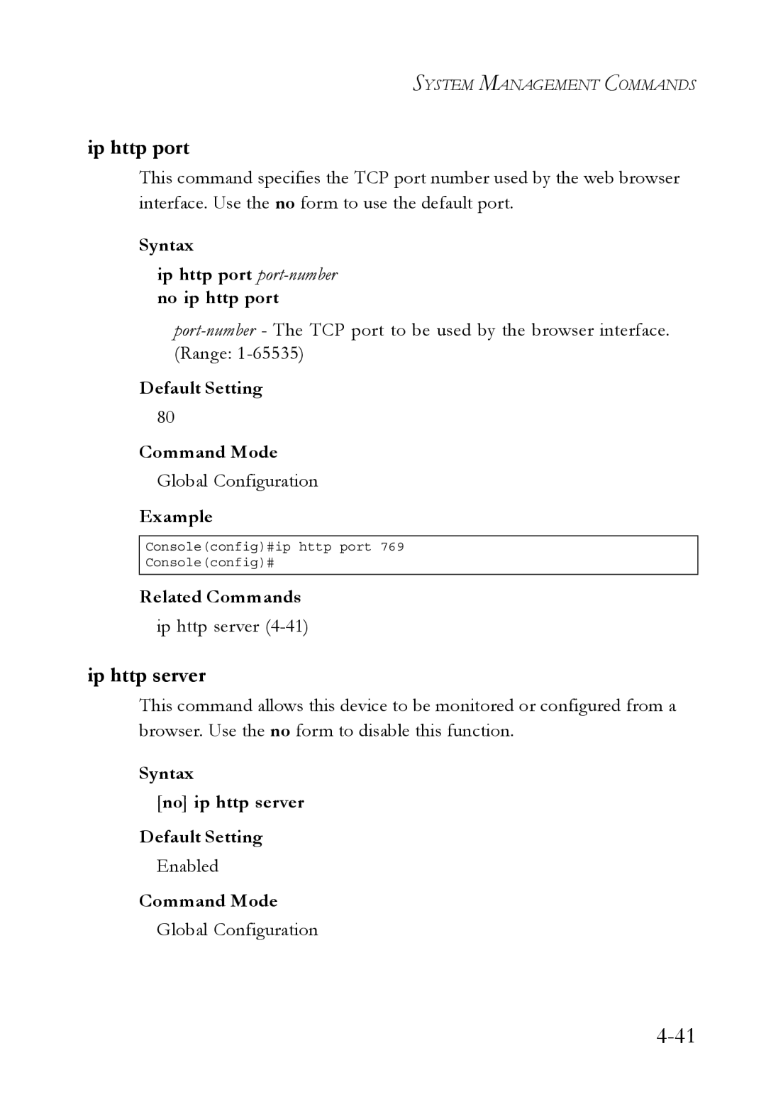 SMC Networks SMC6752AL2 Ip http server, Syntax Ip http port port-numberno ip http port, Default Setting Command Mode 