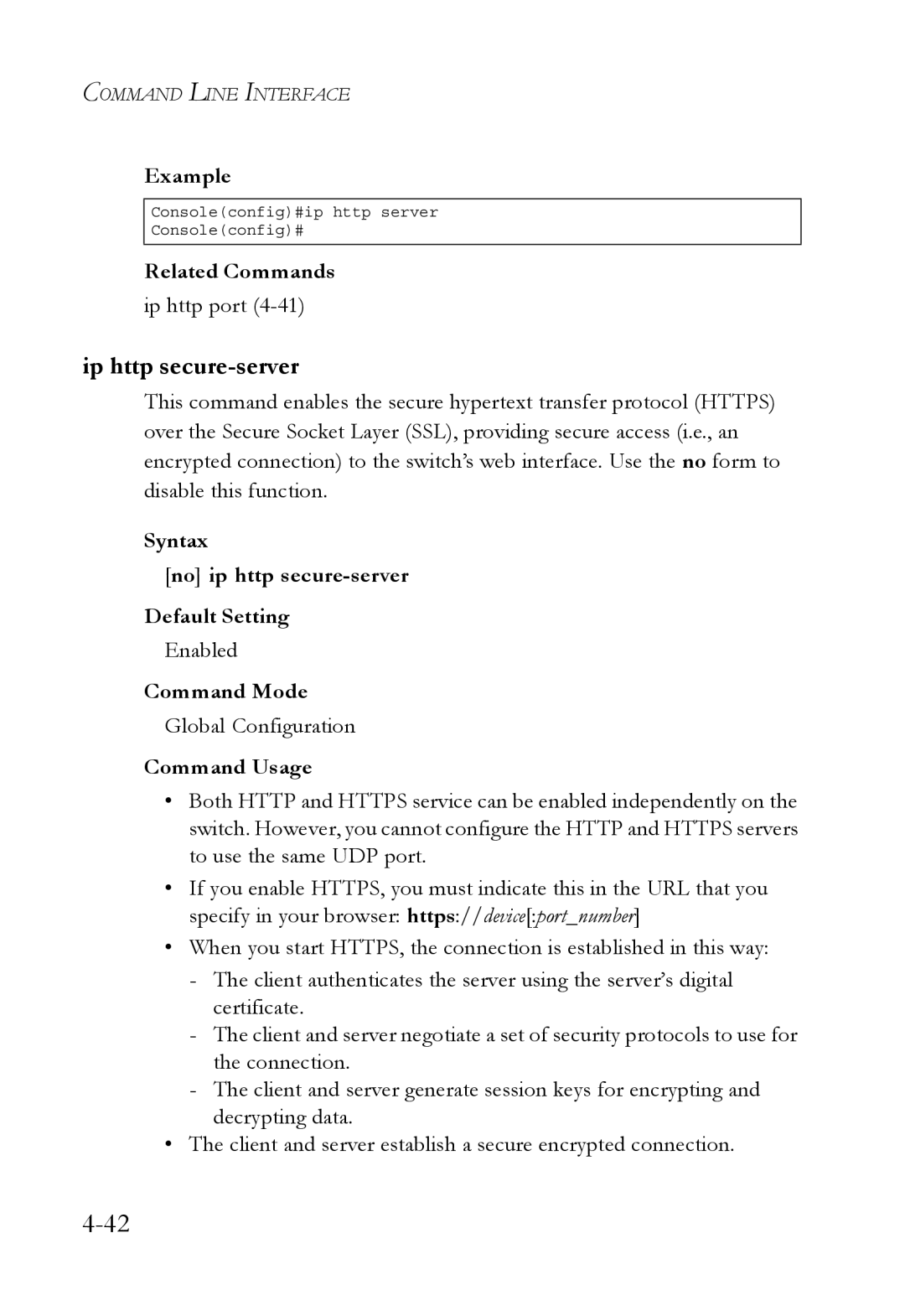 SMC Networks SMC6752AL2 manual Ip http secure-server, Ip http port, Syntax No ip http secure-server Default Setting 