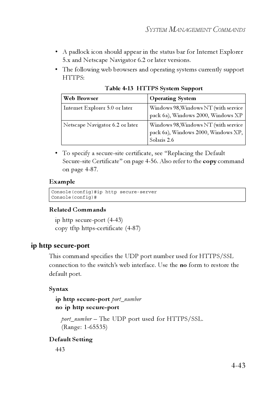 SMC Networks SMC6752AL2 manual Https System Support, Ip http secure-port4-43 Copy tftp https-certificate, 443 