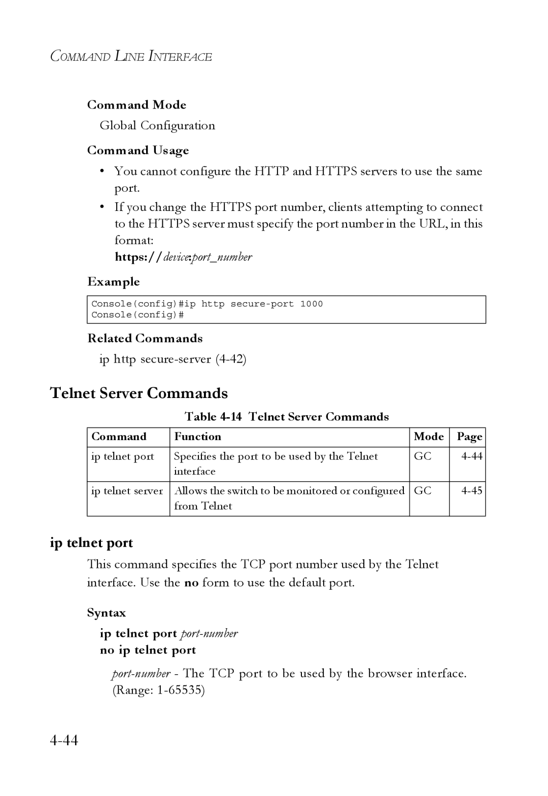 SMC Networks SMC6752AL2 manual Telnet Server Commands, Ip telnet port, Ip http secure-server4-42 