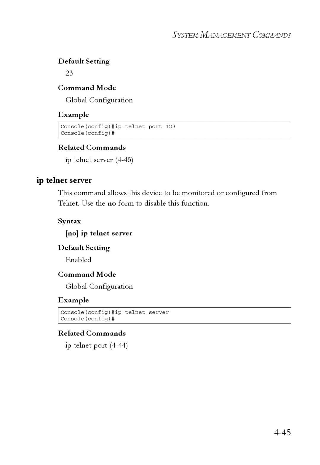 SMC Networks SMC6752AL2 manual Ip telnet server, Syntax No ip telnet server Default Setting, Ip telnet port 