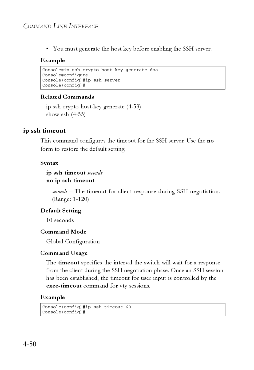 SMC Networks SMC6752AL2 manual Ip ssh timeout, Ip ssh crypto host-key generate 4-53 show ssh, Seconds 