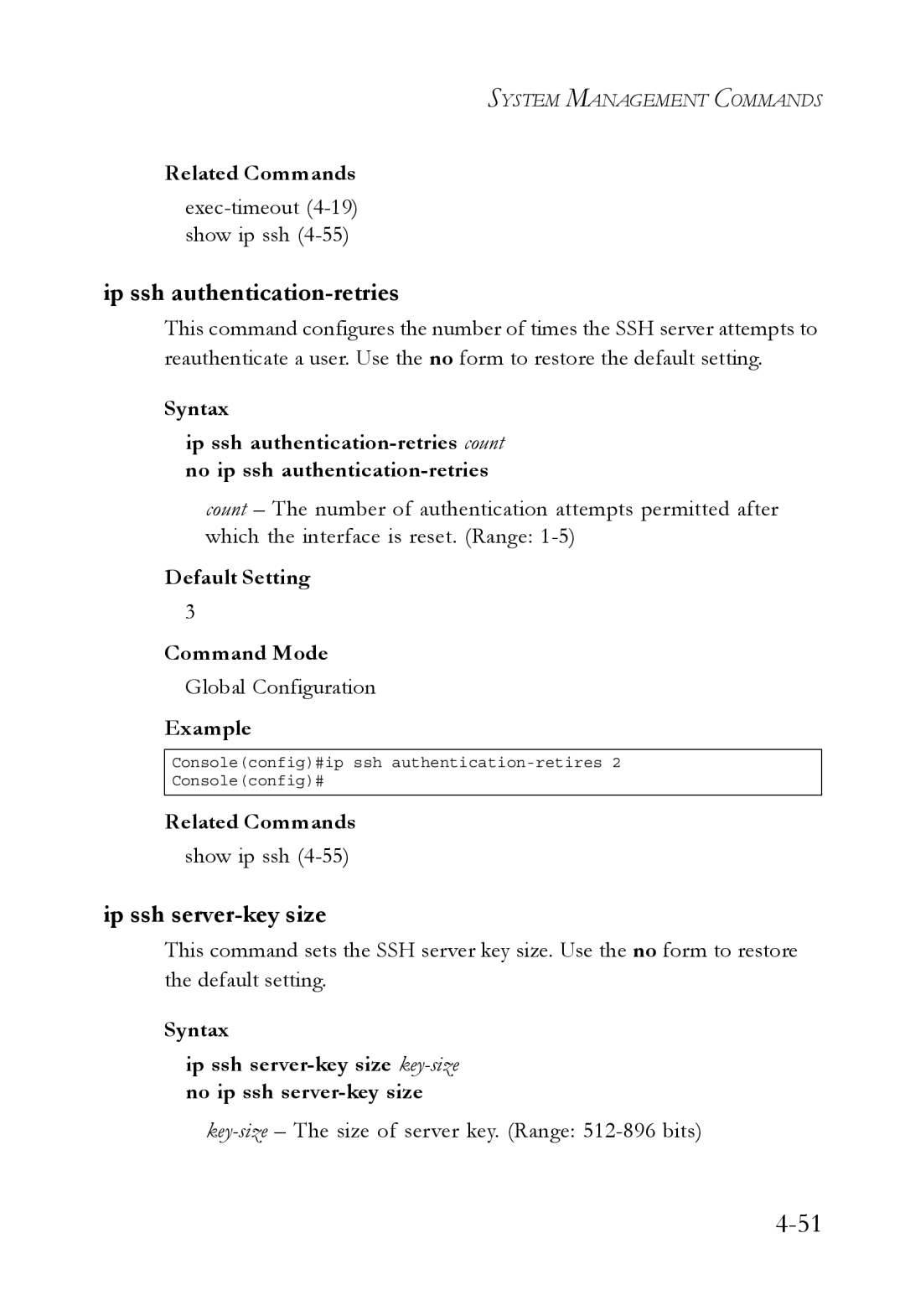 SMC Networks SMC6752AL2 Ip ssh authentication-retries, Ip ssh server-key size, Exec-timeout4-19 show ip ssh, Show ip ssh 