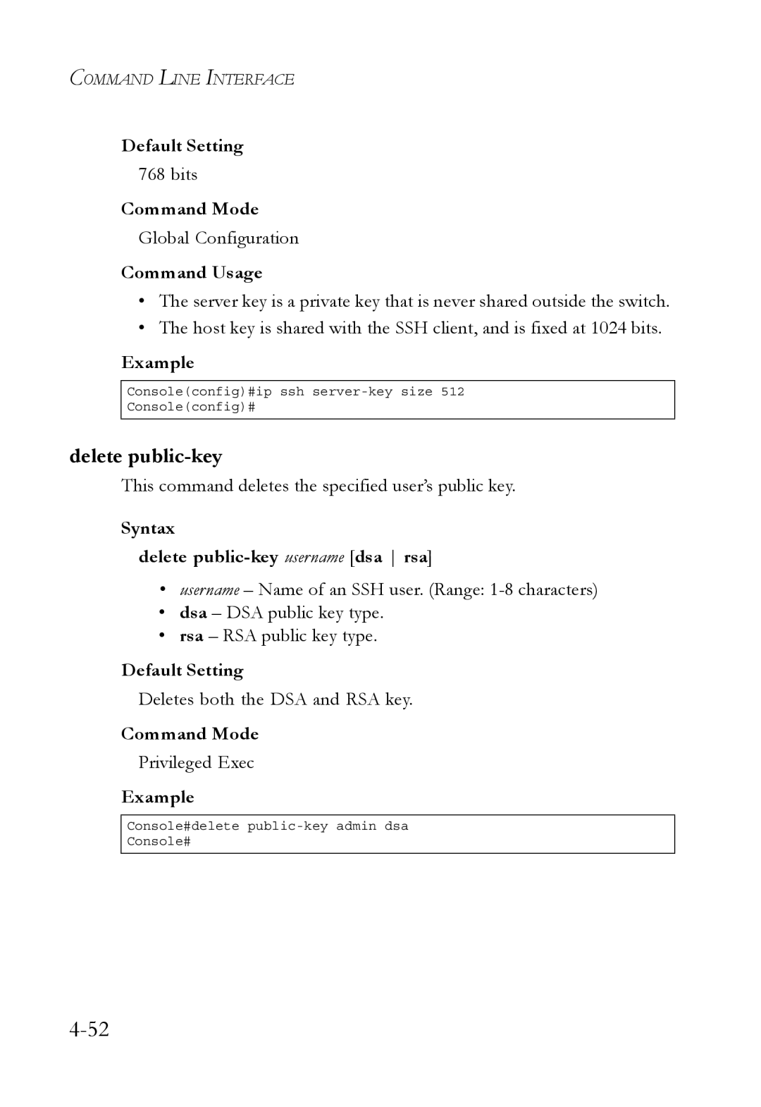 SMC Networks SMC6752AL2 manual Delete public-key, Bits, This command deletes the specified user’s public key 