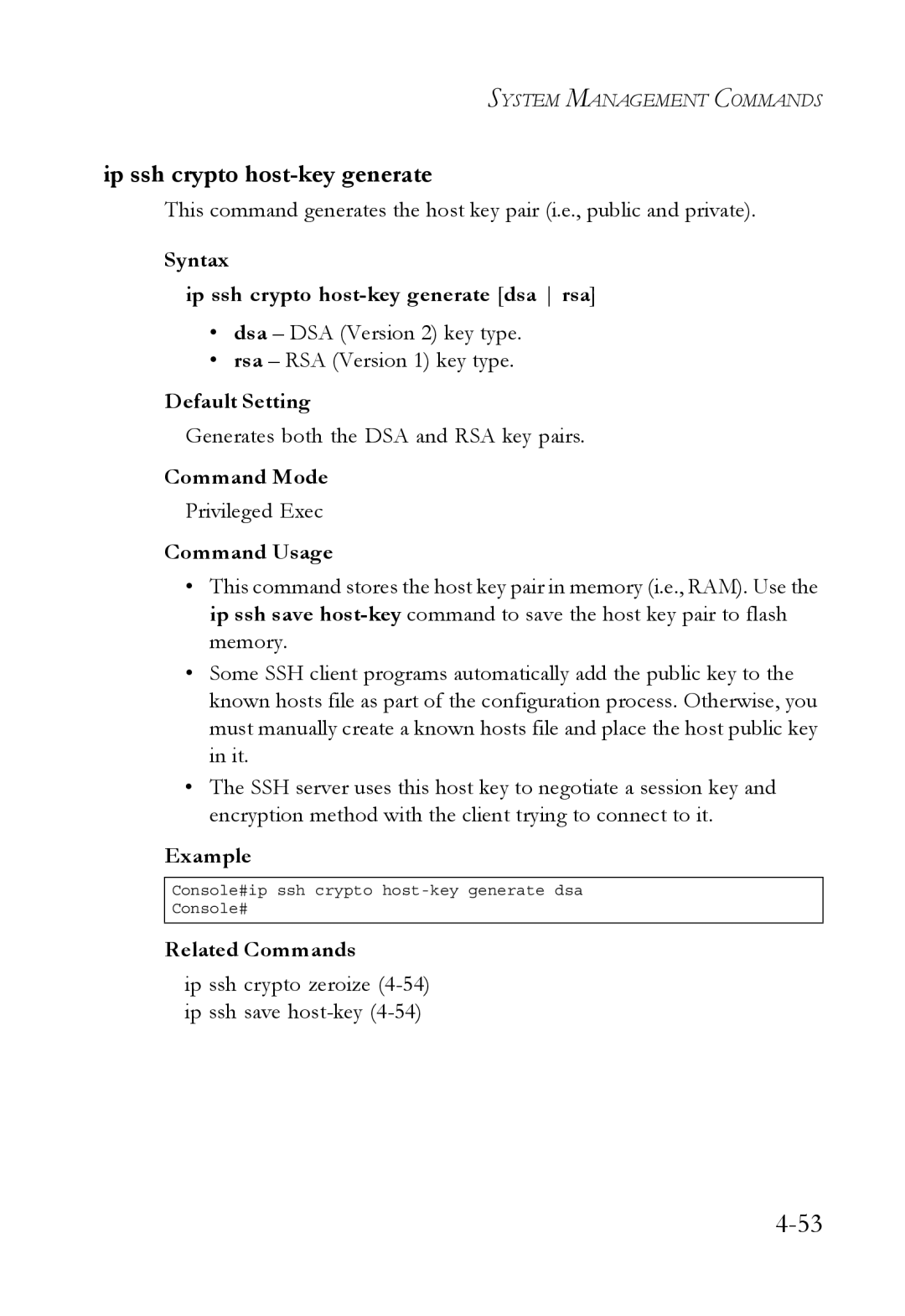 SMC Networks SMC6752AL2 manual Syntax Ip ssh crypto host-key generate dsa rsa, Generates both the DSA and RSA key pairs 