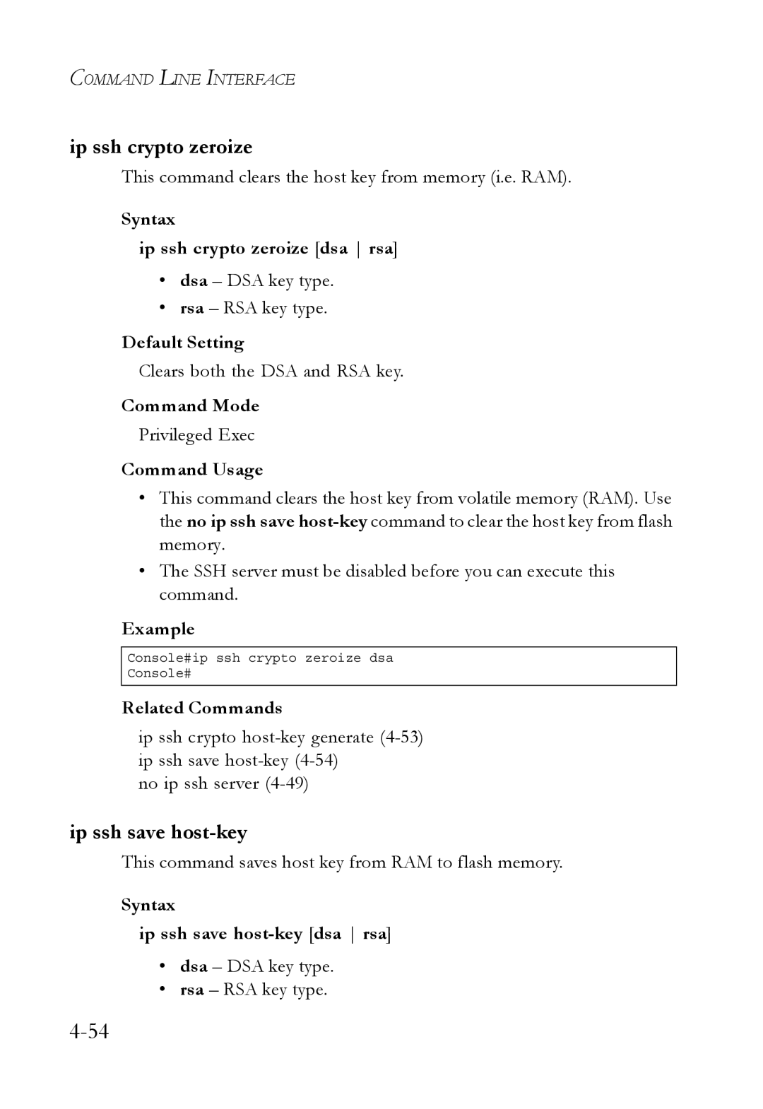 SMC Networks SMC6752AL2 manual Ip ssh save host-key, Syntax Ip ssh crypto zeroize dsa rsa 