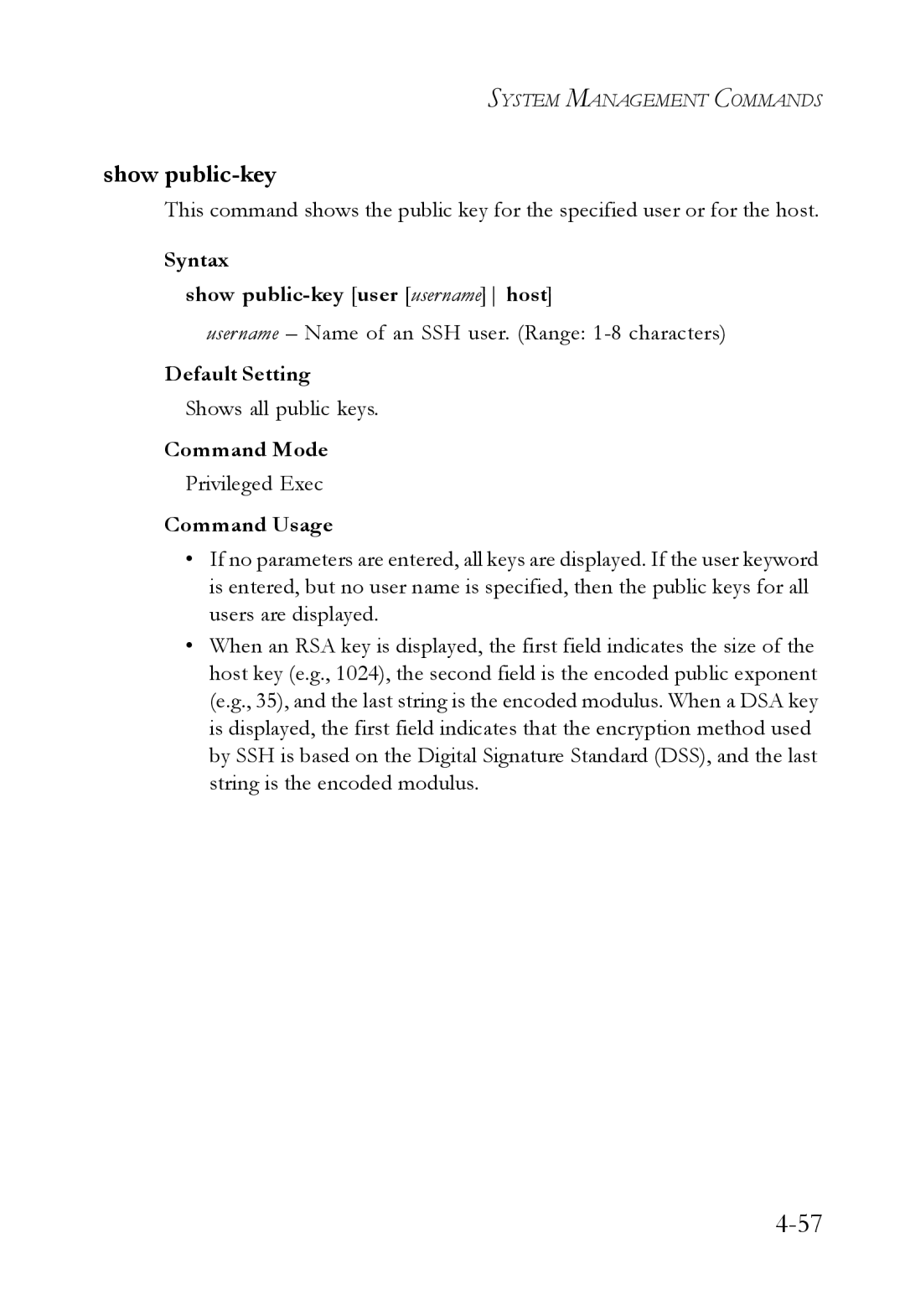 SMC Networks SMC6752AL2 Syntax Show public-key user username host, Username Name of an SSH user. Range 1-8 characters 
