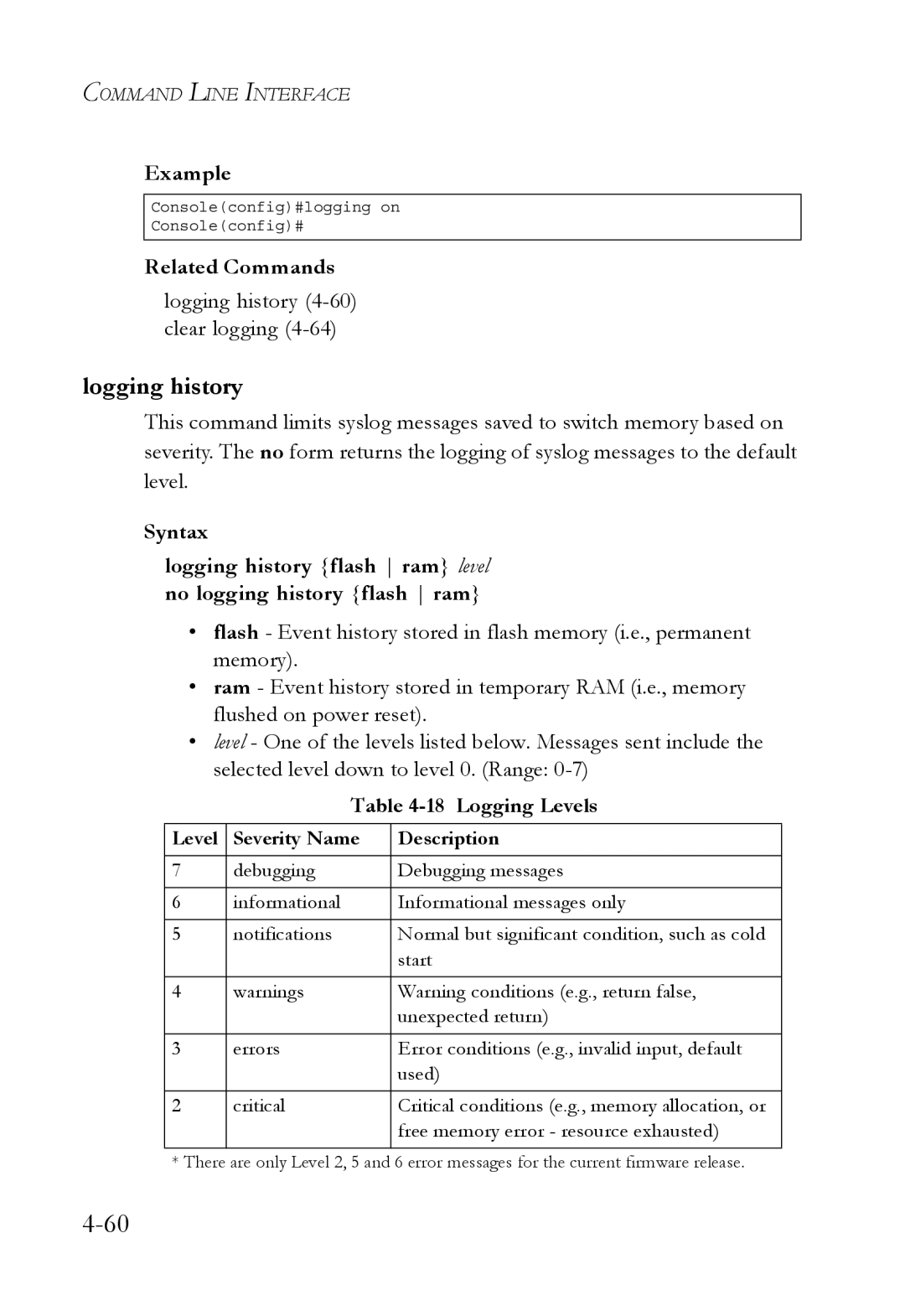 SMC Networks SMC6752AL2 manual Logging history 4-60 clear logging, Logging Levels 