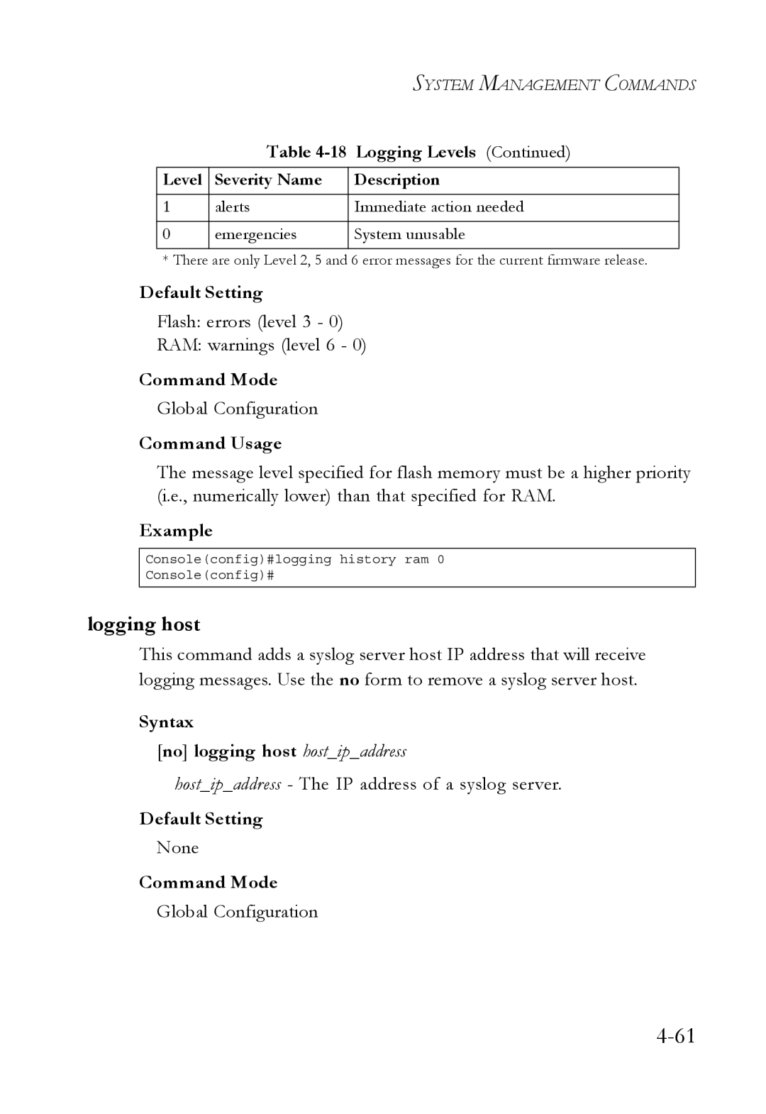 SMC Networks SMC6752AL2 Logging host, Flash errors level 3 RAM warnings level 6, Syntax No logging host hostipaddress 