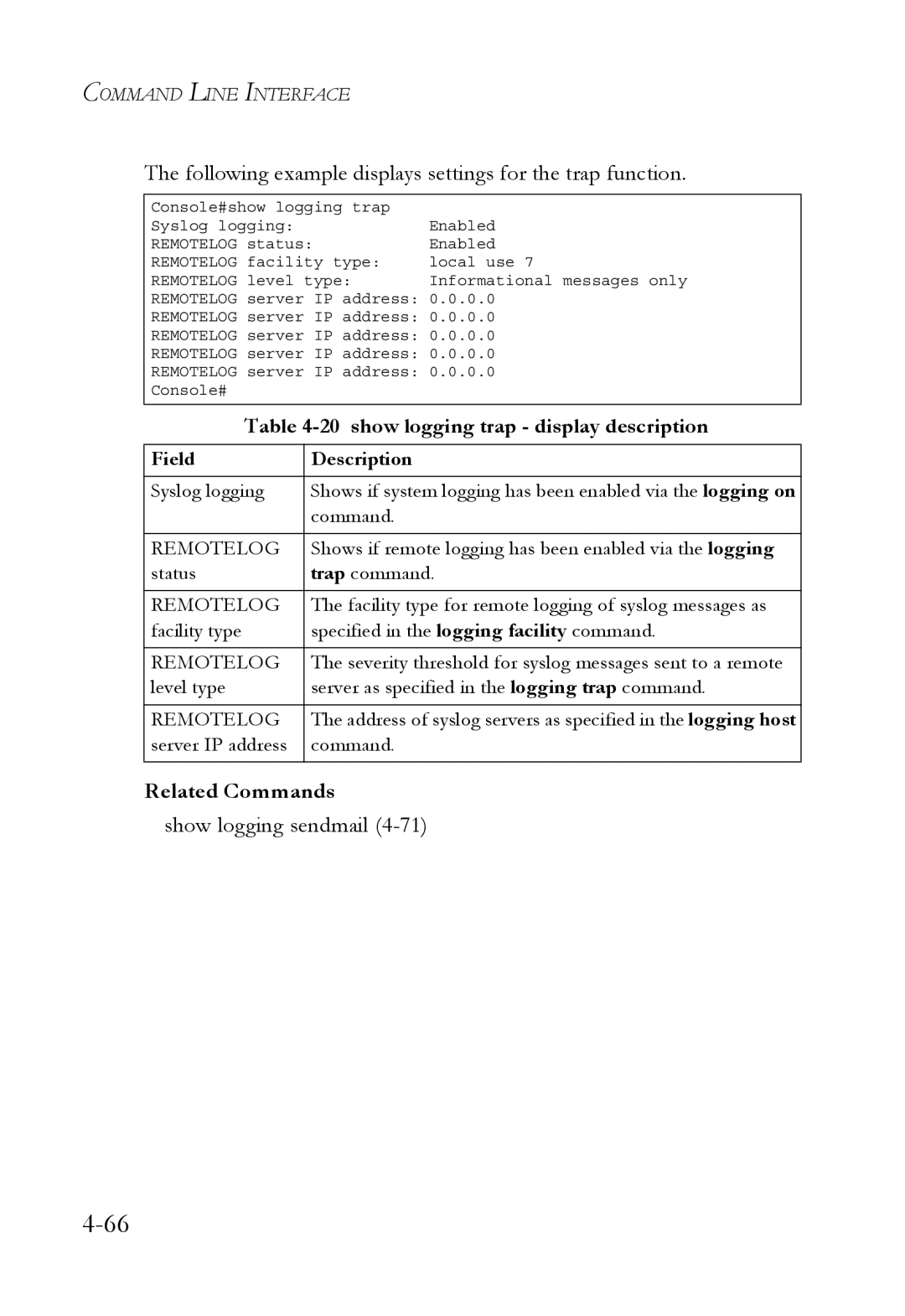 SMC Networks SMC6752AL2 Following example displays settings for the trap function, show logging trap display description 