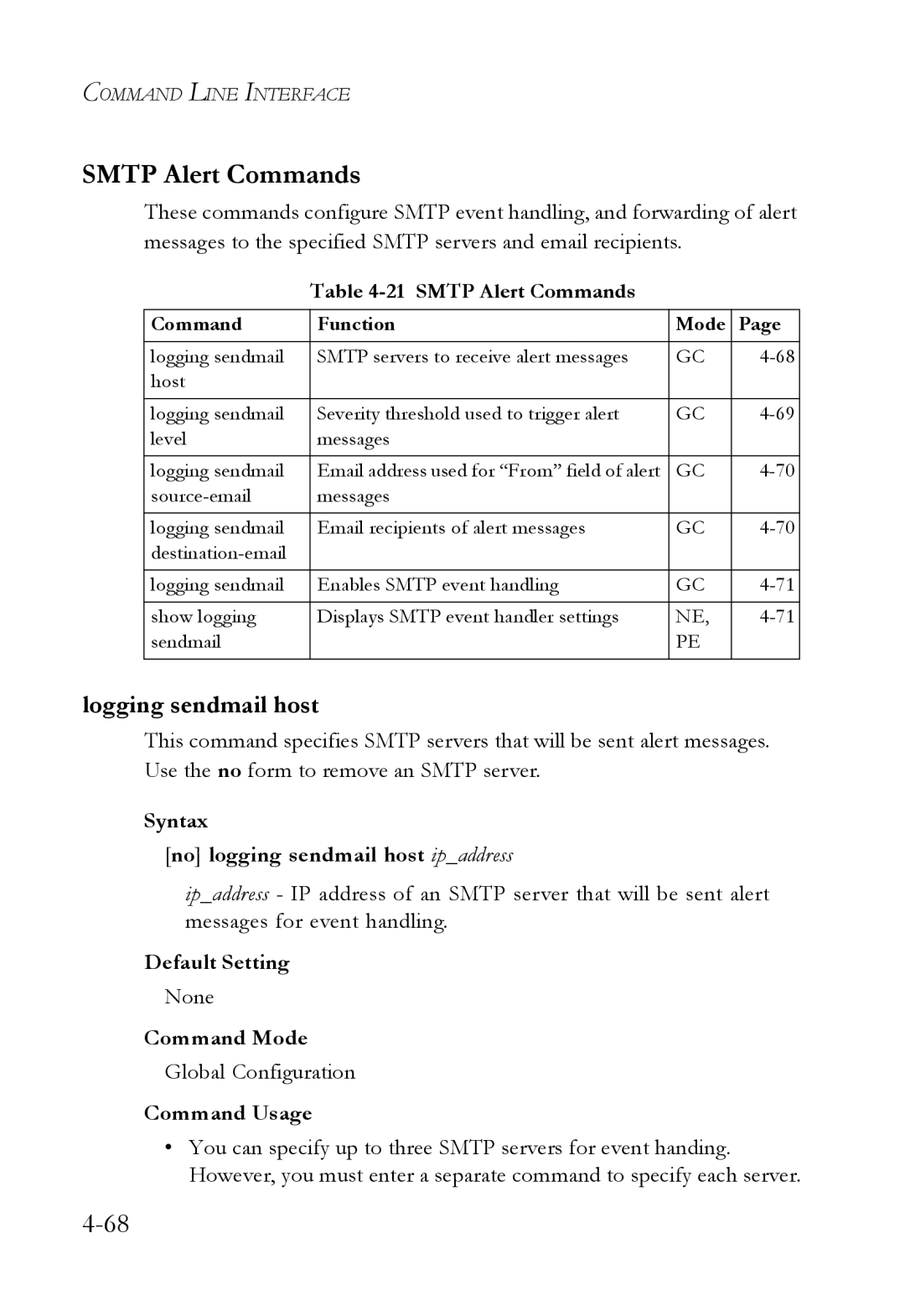 SMC Networks SMC6752AL2 manual Smtp Alert Commands, Logging sendmail host, Syntax No logging sendmail host ipaddress 