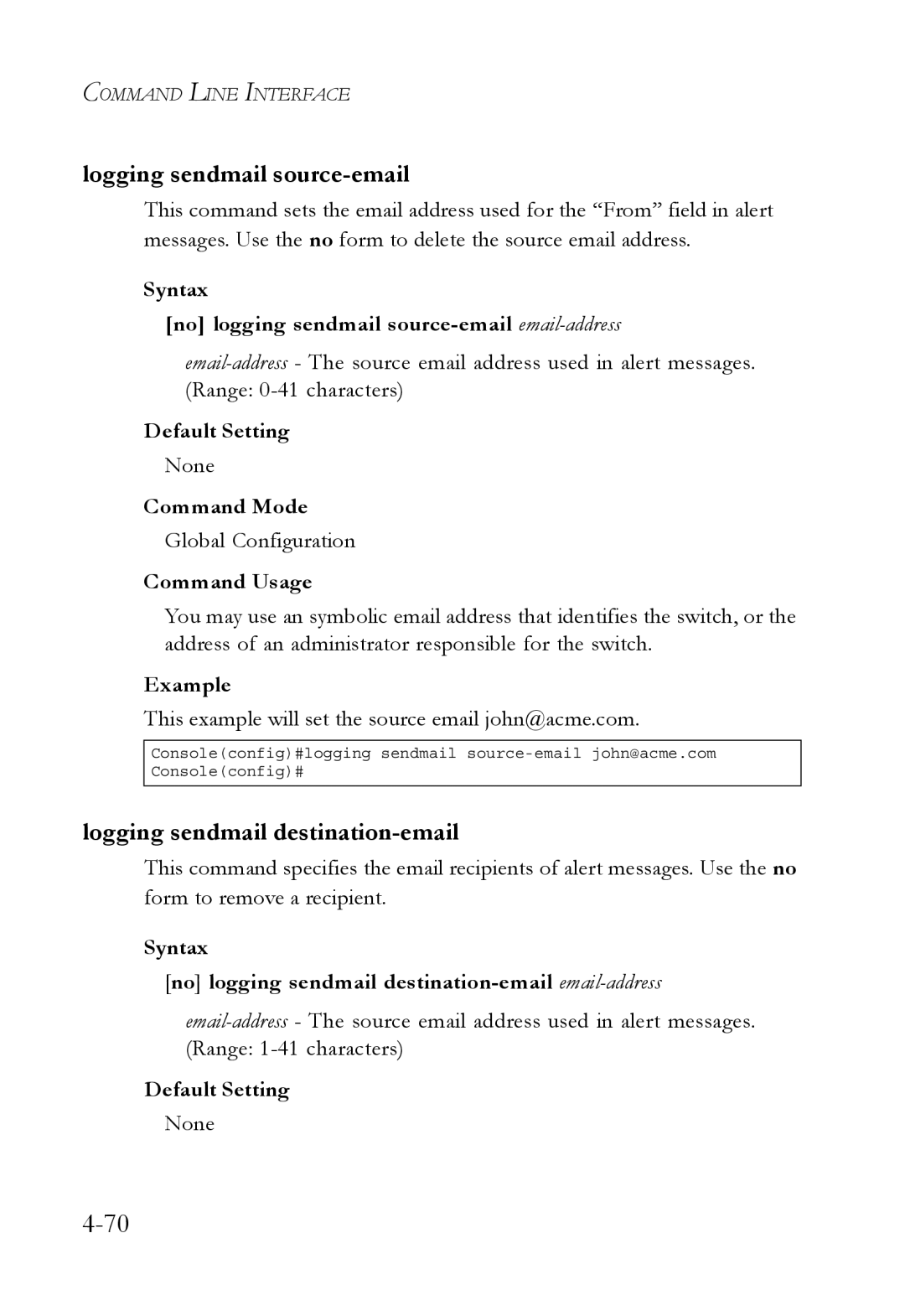 SMC Networks SMC6752AL2 manual Logging sendmail source-email, Logging sendmail destination-email 