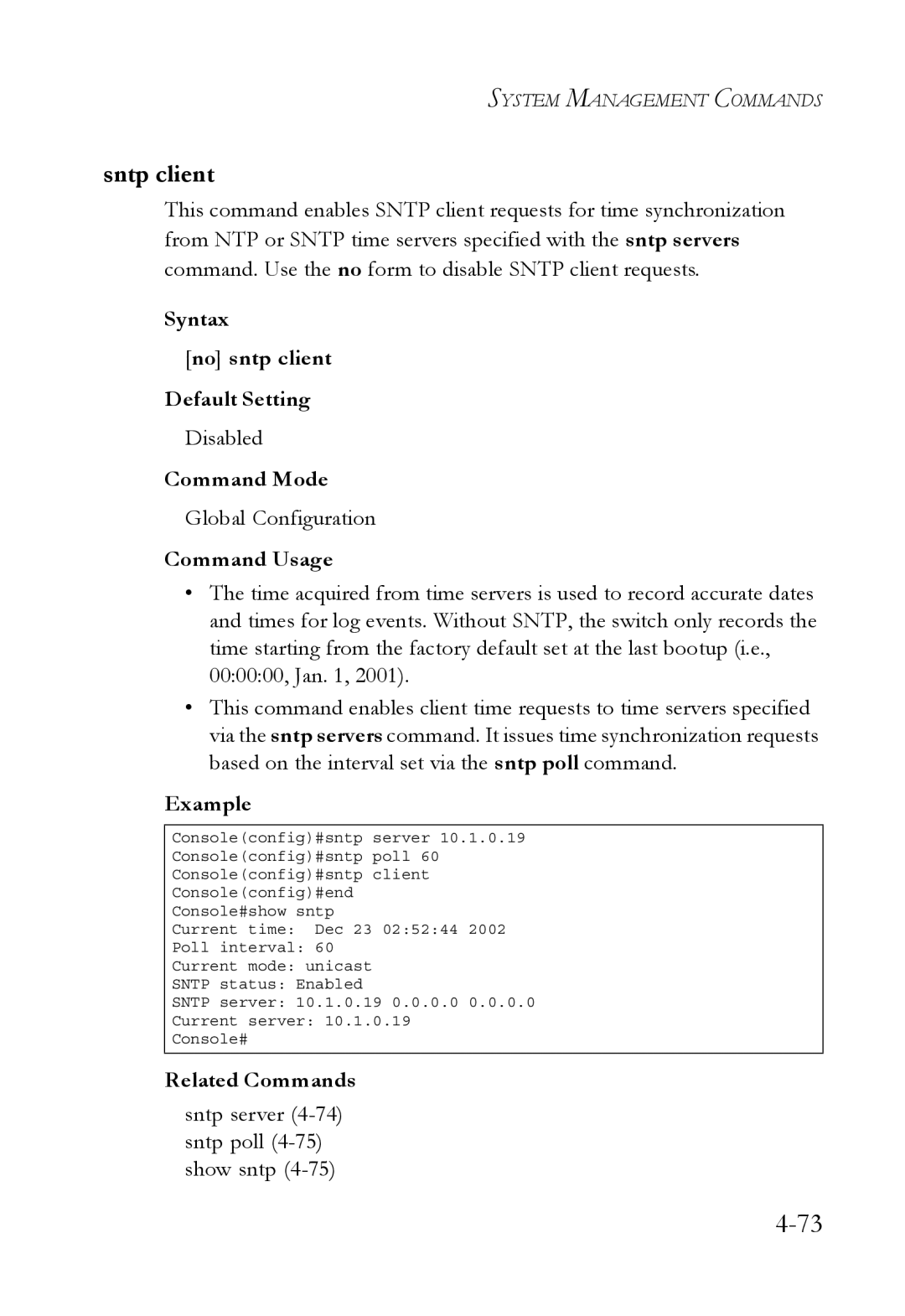 SMC Networks SMC6752AL2 Sntp client, Syntax No sntp client Default Setting, Sntp server 4-74 sntp poll 4-75 show sntp 