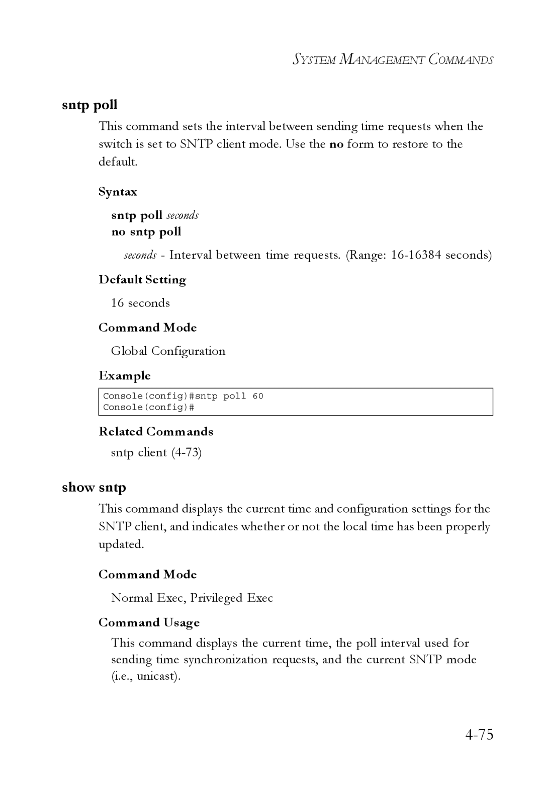 SMC Networks SMC6752AL2 manual Show sntp, Syntax Sntp poll seconds no sntp poll, Sntp client 