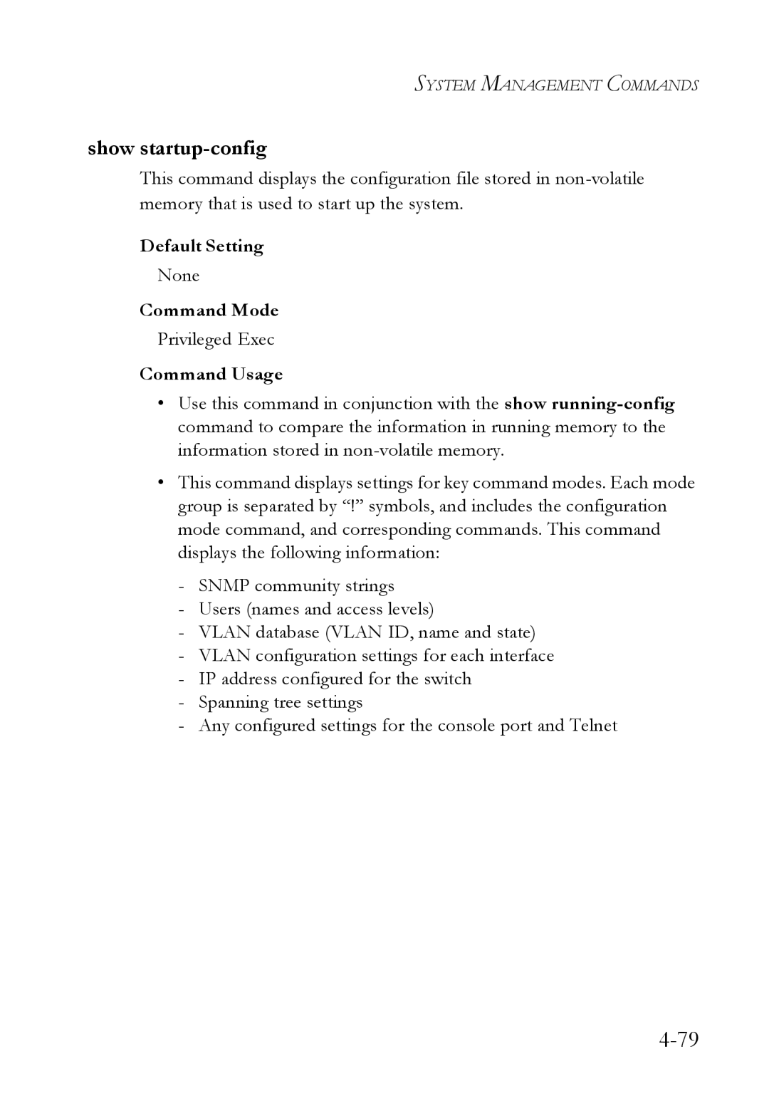 SMC Networks SMC6752AL2 manual Show startup-config, Command Usage 