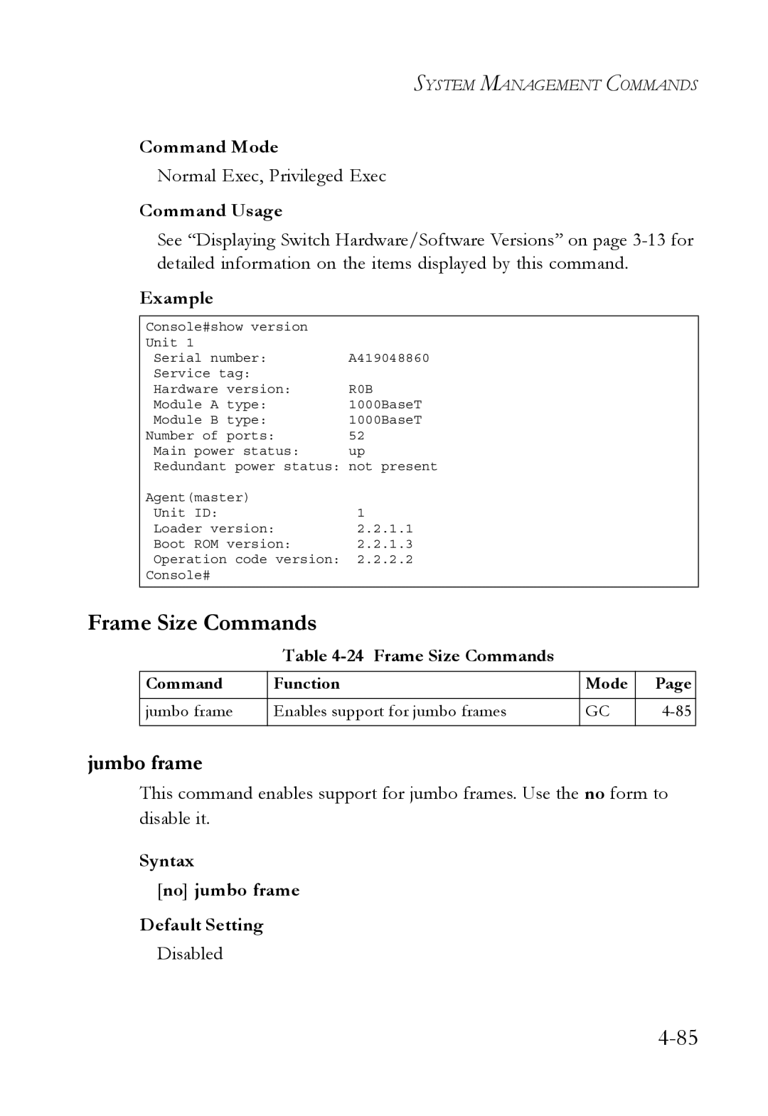 SMC Networks SMC6752AL2 manual Frame Size Commands, Jumbo frame, Syntax No jumbo frame Default Setting 