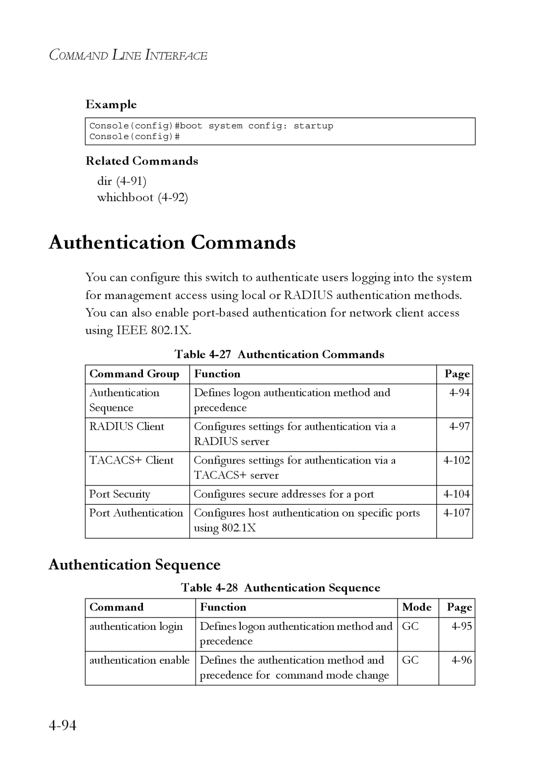 SMC Networks SMC6752AL2 manual Authentication Commands, Authentication Sequence, Dir 4-91 whichboot 