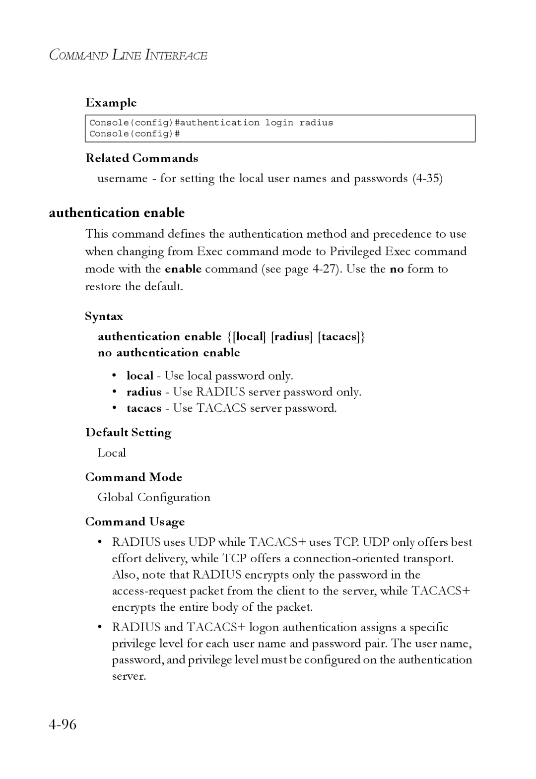 SMC Networks SMC6752AL2 manual Authentication enable, Username for setting the local user names and passwords 