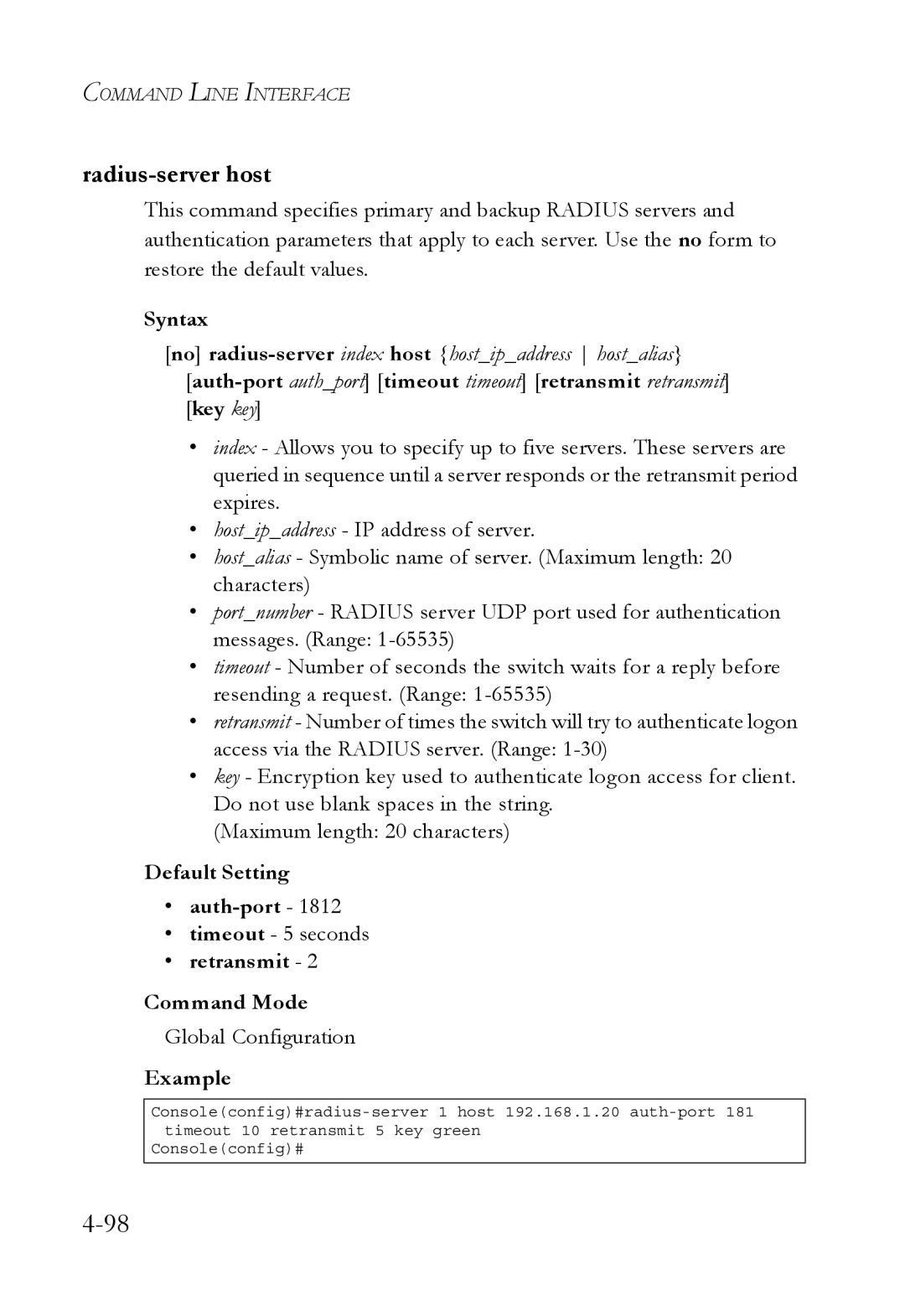 SMC Networks SMC6752AL2 manual Radius-server host, Default Setting Auth-port, Timeout 5 seconds, Retransmit Command Mode 