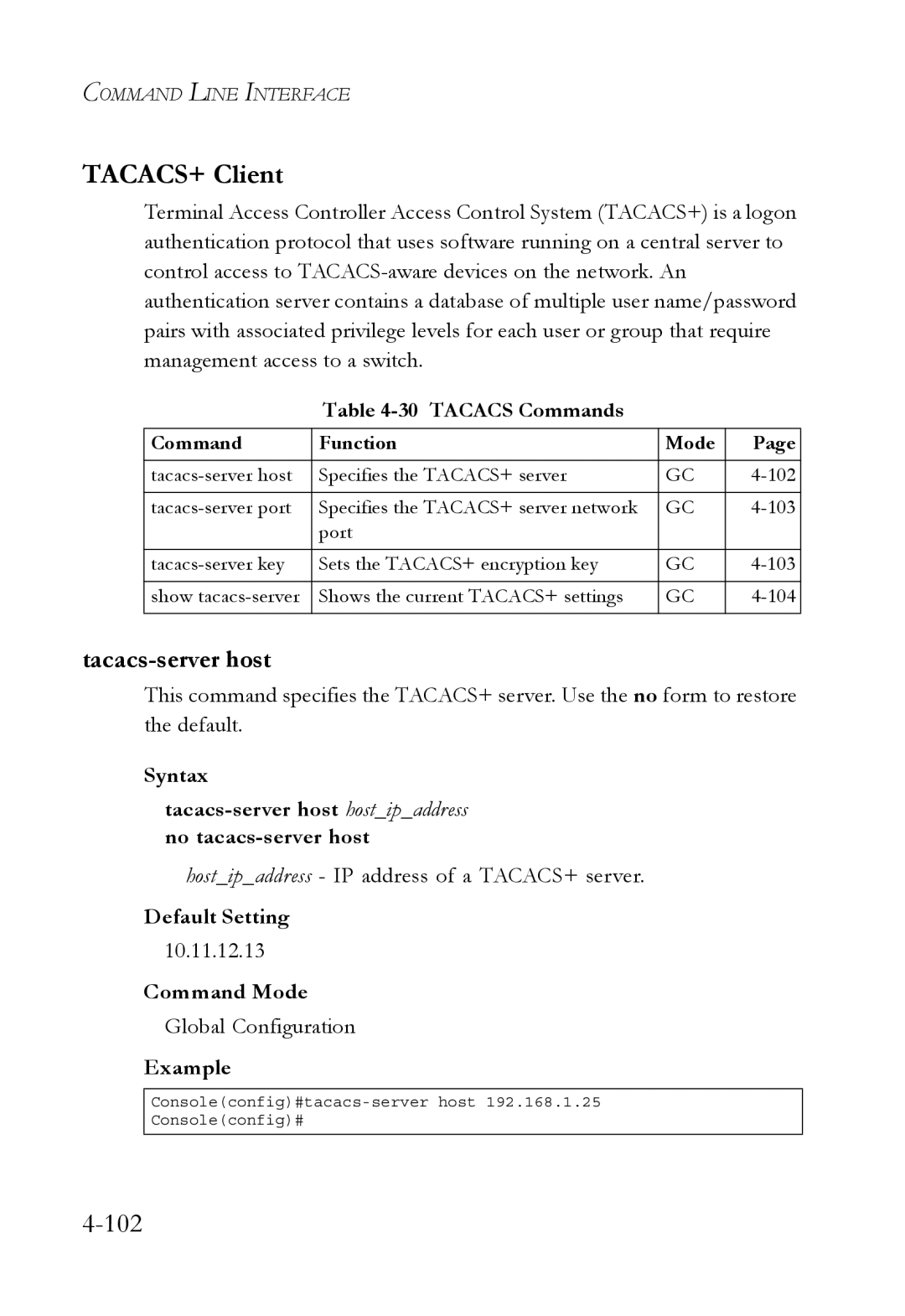 SMC Networks SMC6752AL2 TACACS+ Client, Tacacs-server host, Tacacs Commands, Hostipaddress IP address of a TACACS+ server 