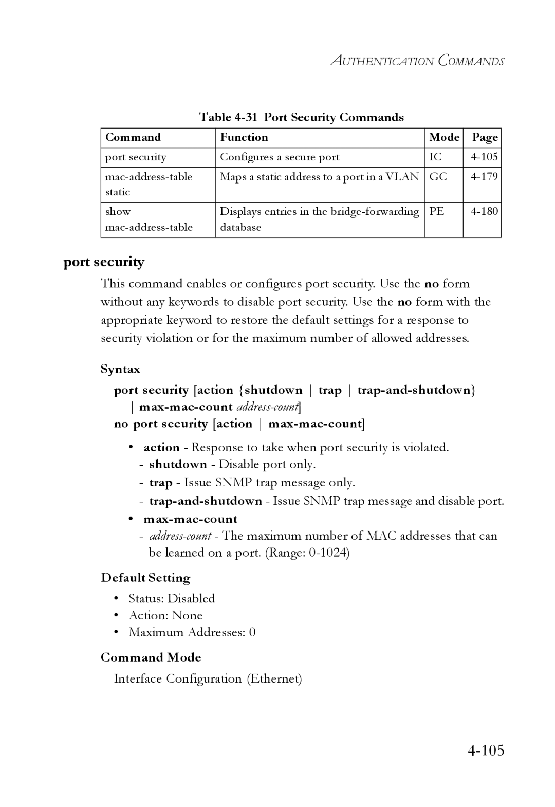 SMC Networks SMC6752AL2 manual Port security, Port Security Commands, Max-mac-count, Interface Configuration Ethernet 