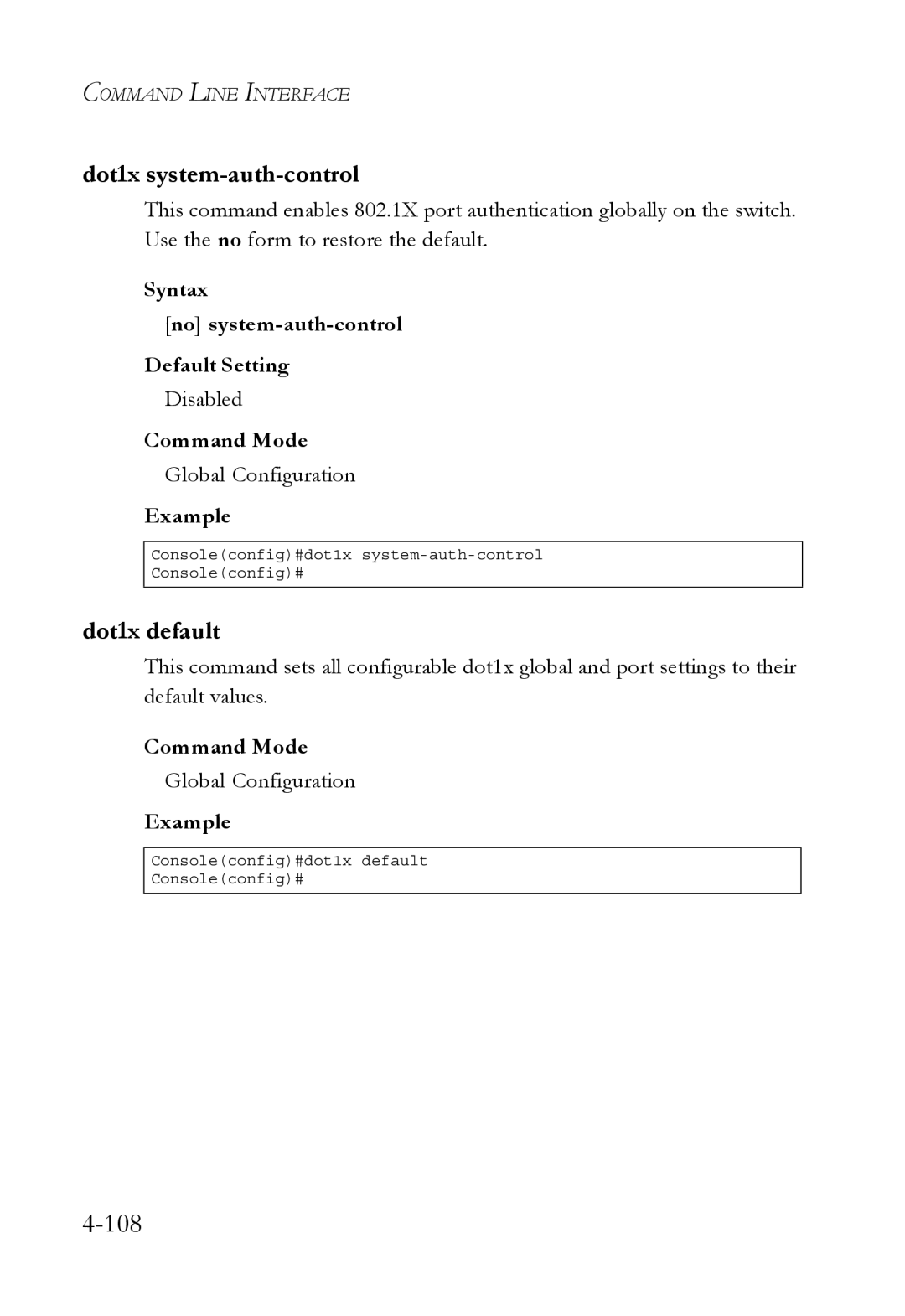 SMC Networks SMC6752AL2 manual Dot1x system-auth-control, Dot1x default, Syntax No system-auth-control Default Setting 