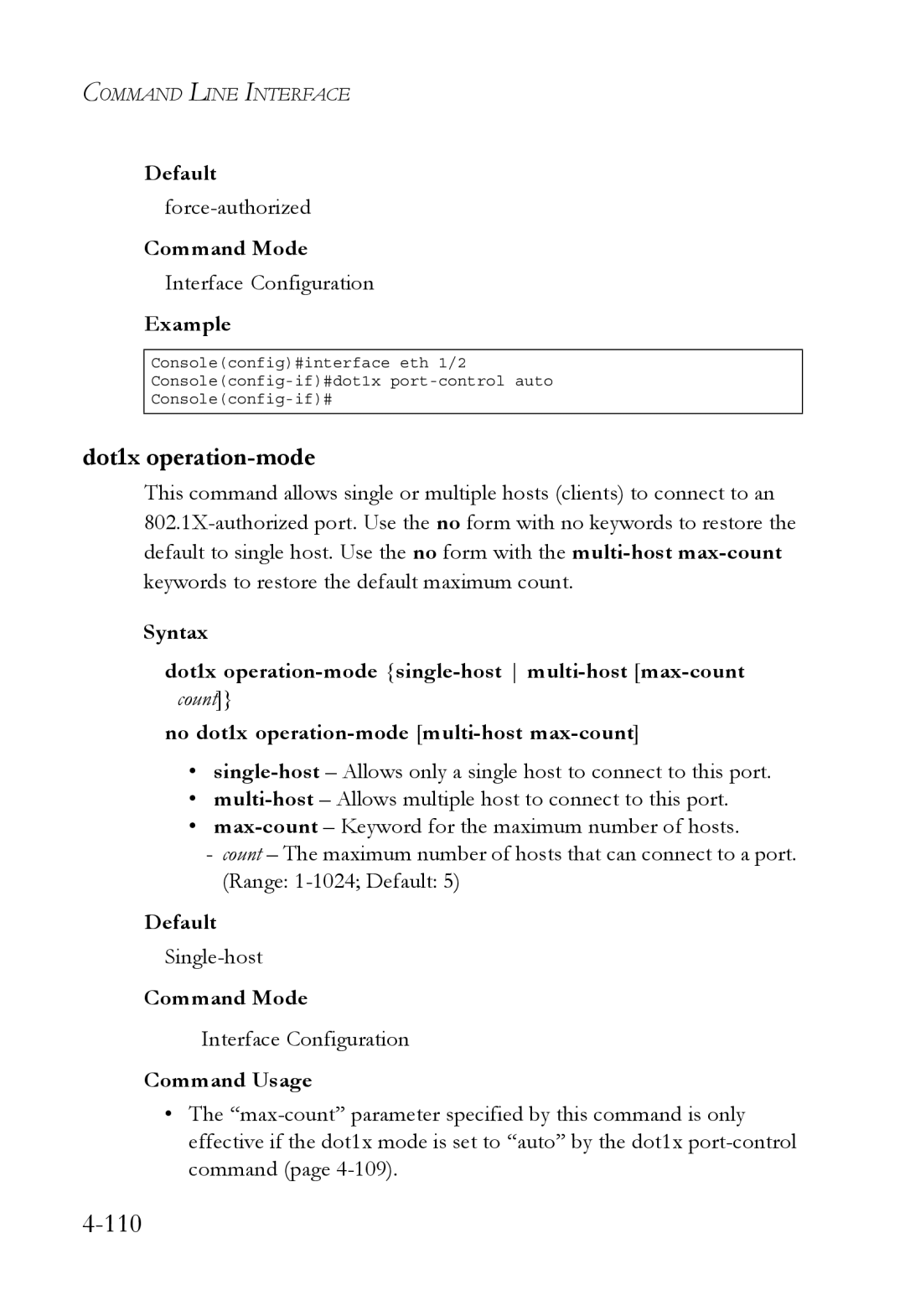 SMC Networks SMC6752AL2 manual Dot1x operation-mode, Default, Force-authorized, Single-host 