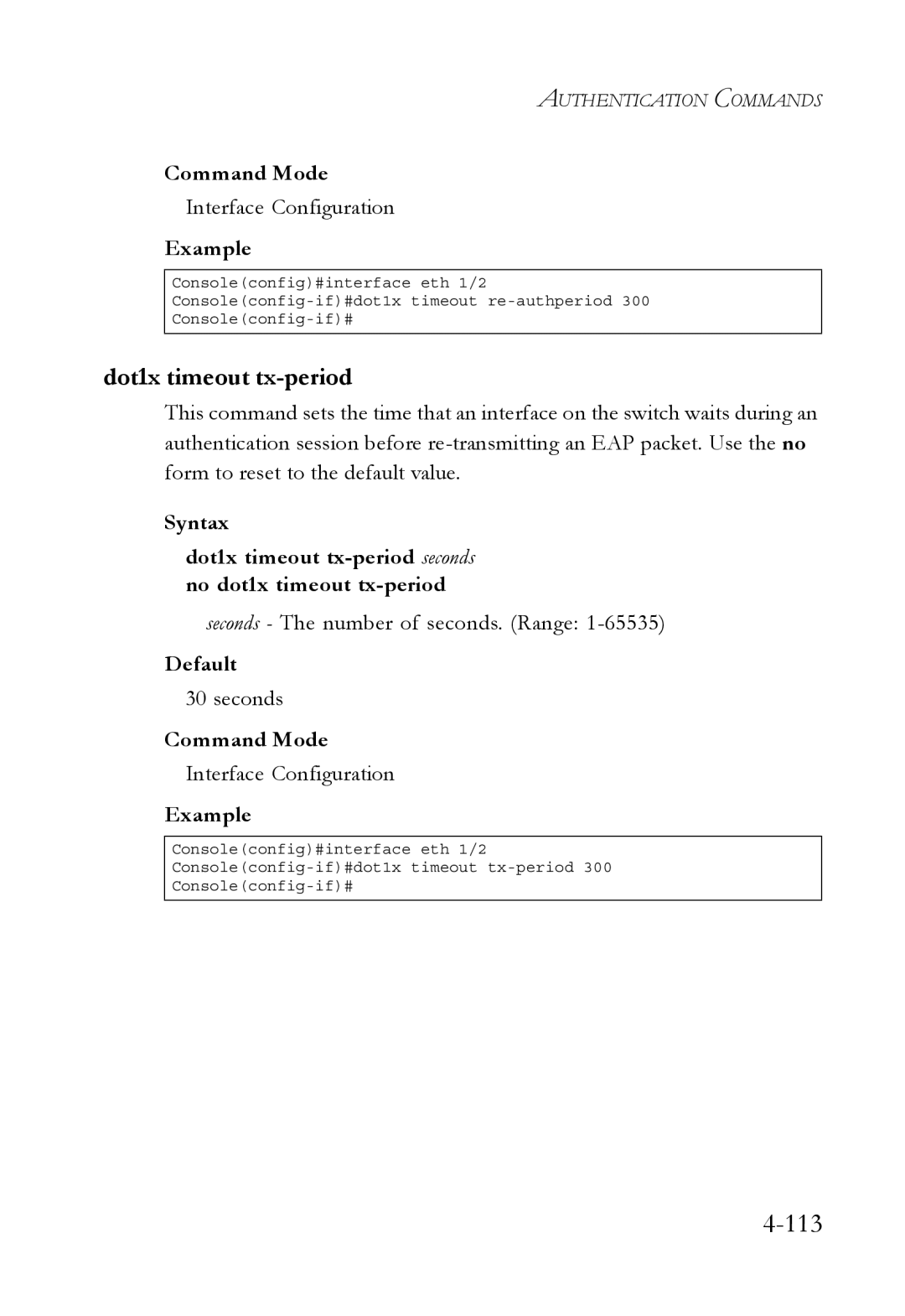 SMC Networks SMC6752AL2 manual 113, Dot1x timeout tx-period 