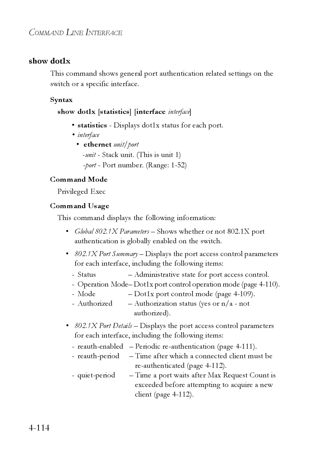 SMC Networks SMC6752AL2 manual Syntax Show dot1x statistics interface interface 