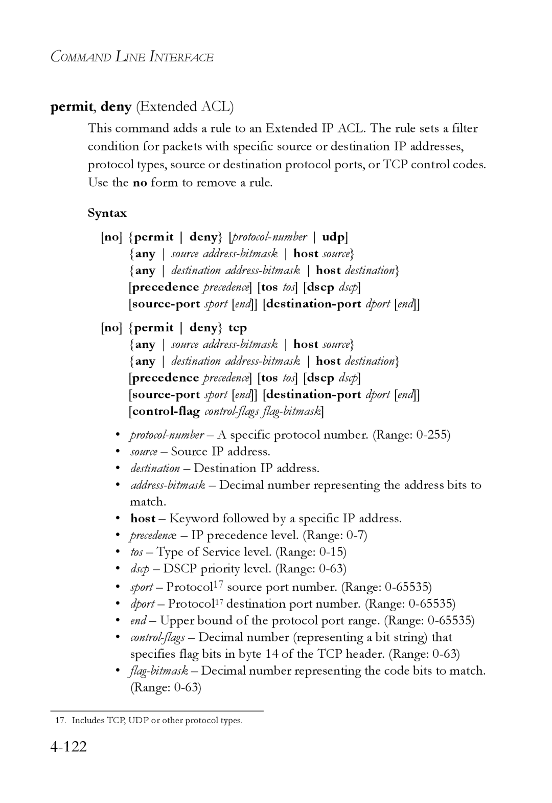 SMC Networks SMC6752AL2 manual Permit, deny Extended ACL, No permit deny tcp 