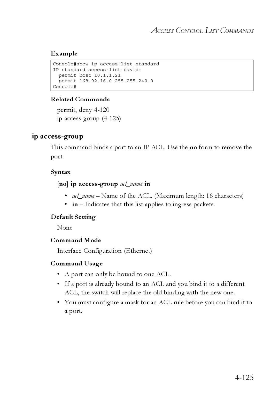 SMC Networks SMC6752AL2 manual Permit, deny Ip access-group4-125, Syntax No ip access-group aclname 