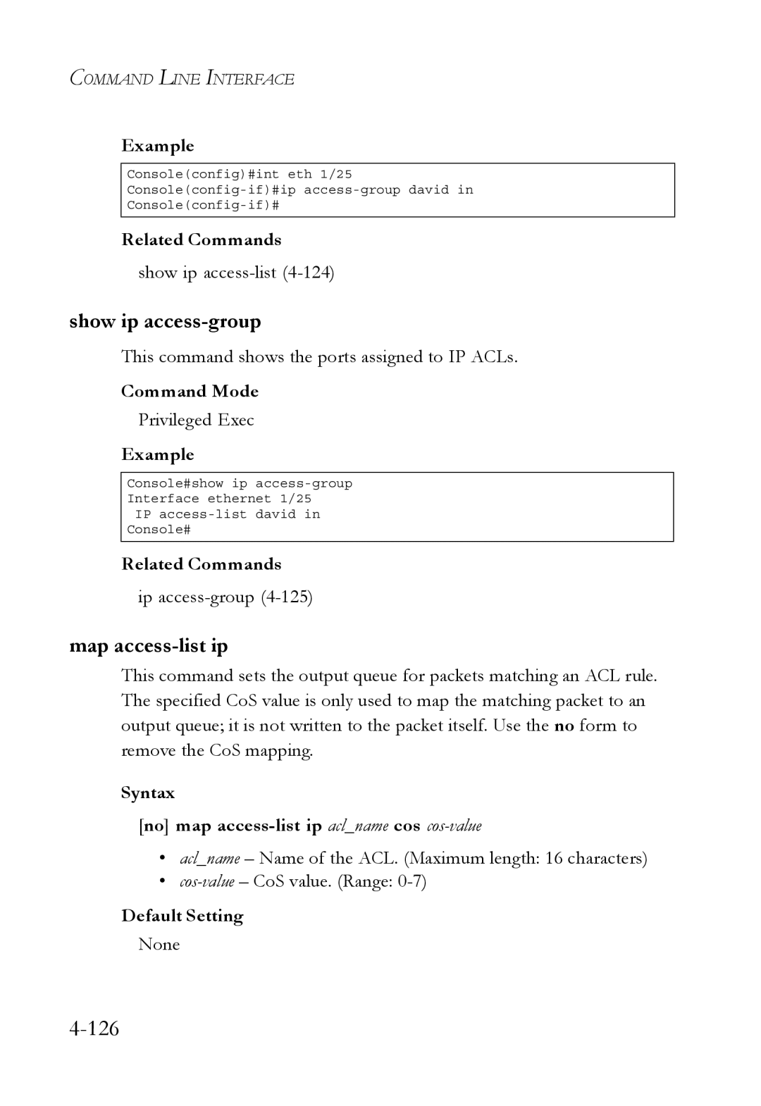 SMC Networks SMC6752AL2 manual Show ip access-group, Map access-list ip, Show ip access-list4-124 