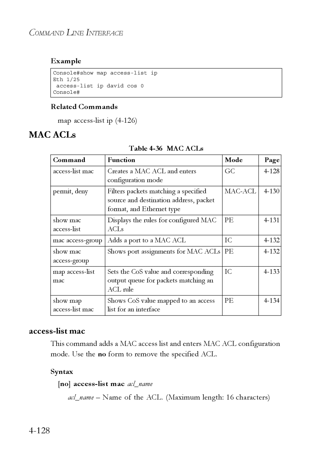 SMC Networks SMC6752AL2 manual MAC ACLs, Access-list mac, Syntax No access-list mac aclname 