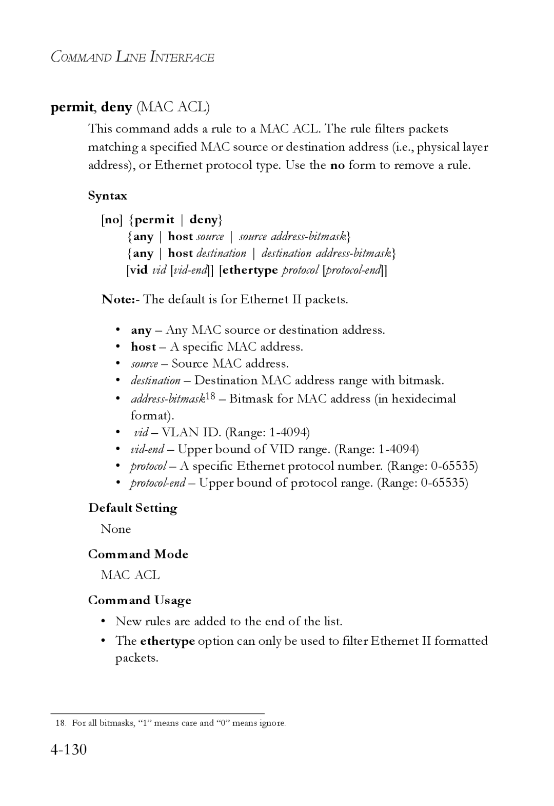 SMC Networks SMC6752AL2 manual Permit, deny MAC ACL, Syntax No permit deny 