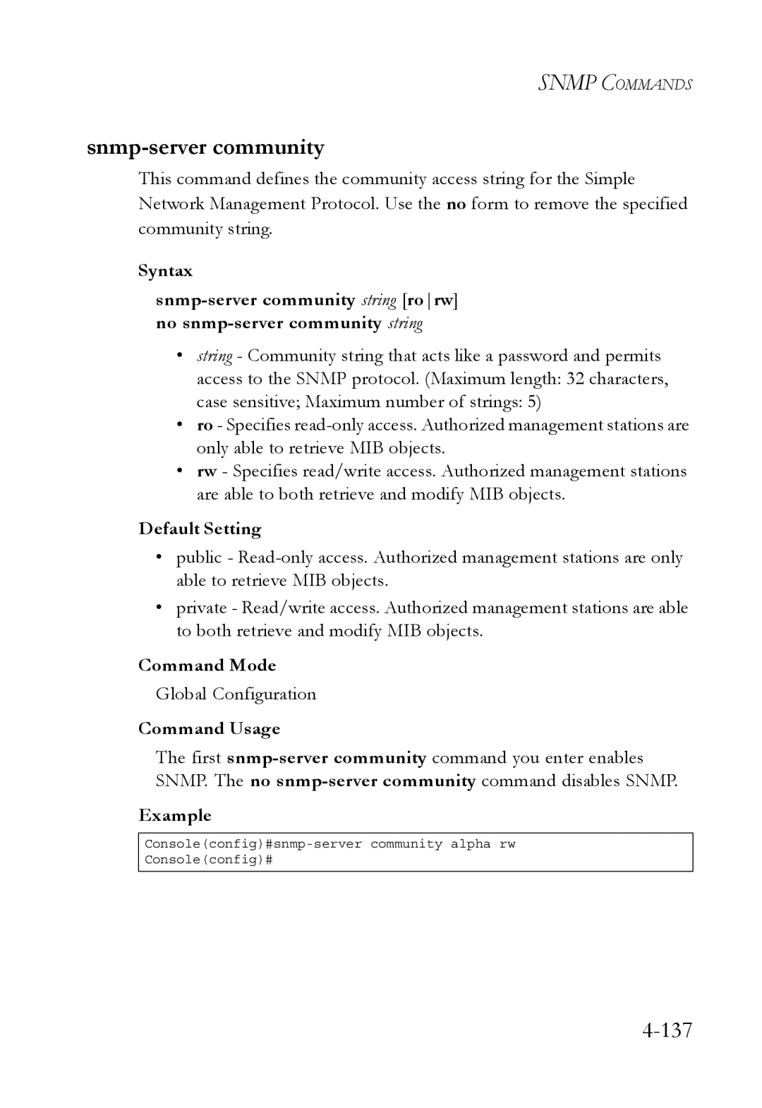 SMC Networks SMC6752AL2 manual Snmp-server community, Default Setting 