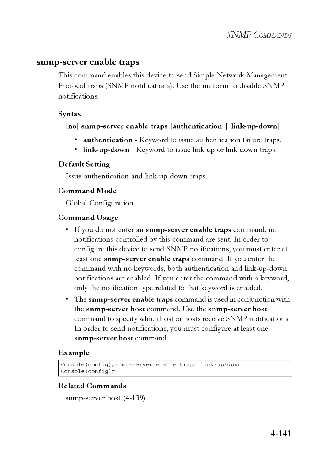 SMC Networks SMC6752AL2 manual Snmp-server enable traps, Issue authentication and link-up-down traps, Snmp-server host 