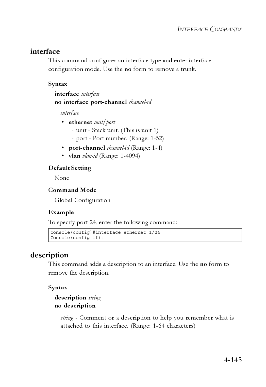 SMC Networks SMC6752AL2 manual Interface, Port-channel channel-idRange, Syntax Description string no description 