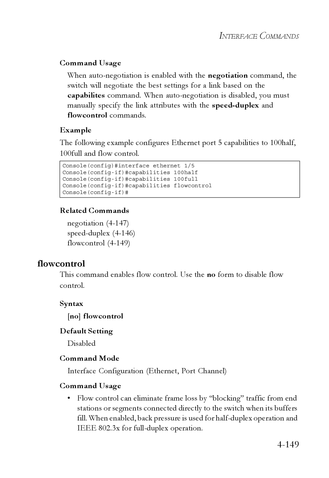 SMC Networks SMC6752AL2 Flowcontrol, Negotiation 4-147speed-duplex4-146 flowcontrol, Syntax No flowcontrol Default Setting 