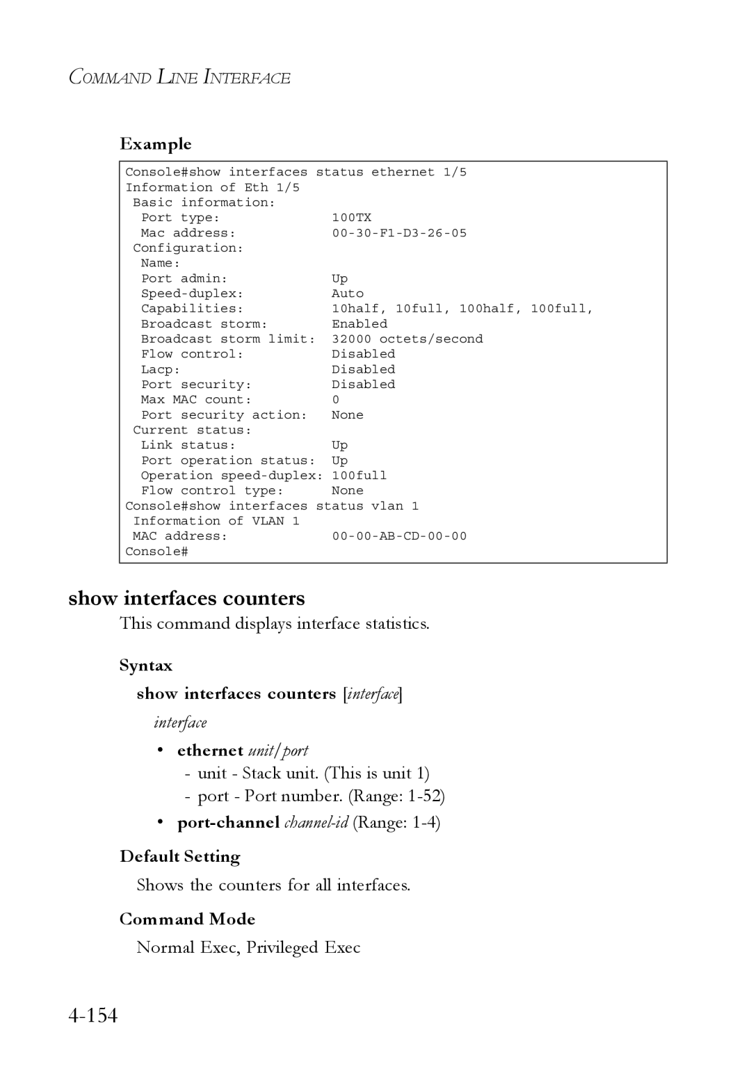 SMC Networks SMC6752AL2 manual Show interfaces counters, This command displays interface statistics 