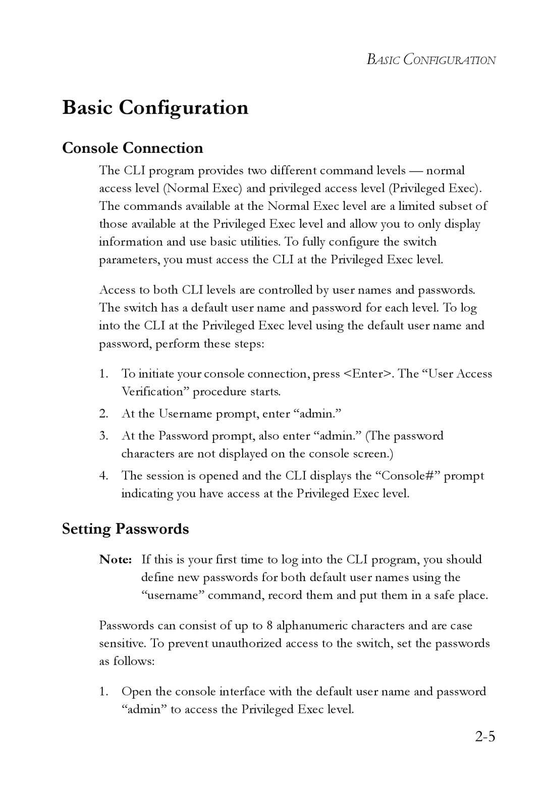 SMC Networks SMC6752AL2 manual Basic Configuration, Console Connection, Setting Passwords 