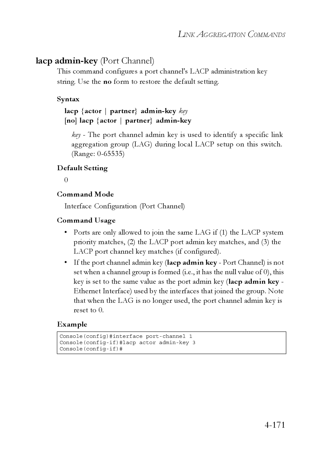 SMC Networks SMC6752AL2 manual Lacp admin-key Port Channel, Interface Configuration Port Channel 