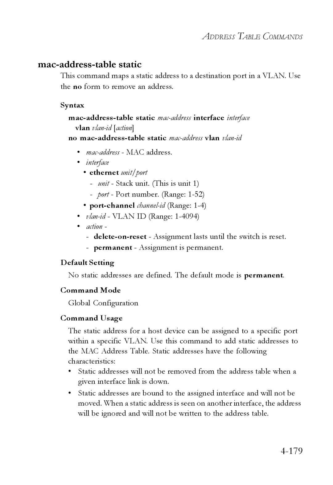 SMC Networks SMC6752AL2 manual Mac-address-table static, Mac-address- MAC address, Vlan-id- Vlan ID Range 