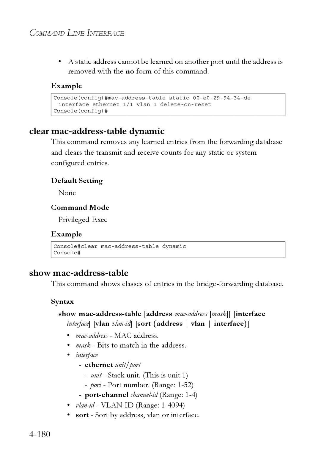 SMC Networks SMC6752AL2 manual Clear mac-address-table dynamic, Show mac-address-table 