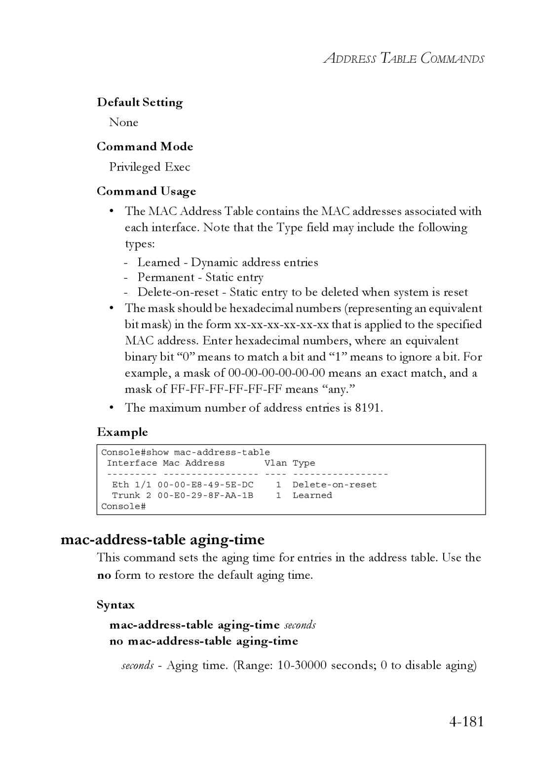 SMC Networks SMC6752AL2 manual Mac-address-table aging-time, 181 