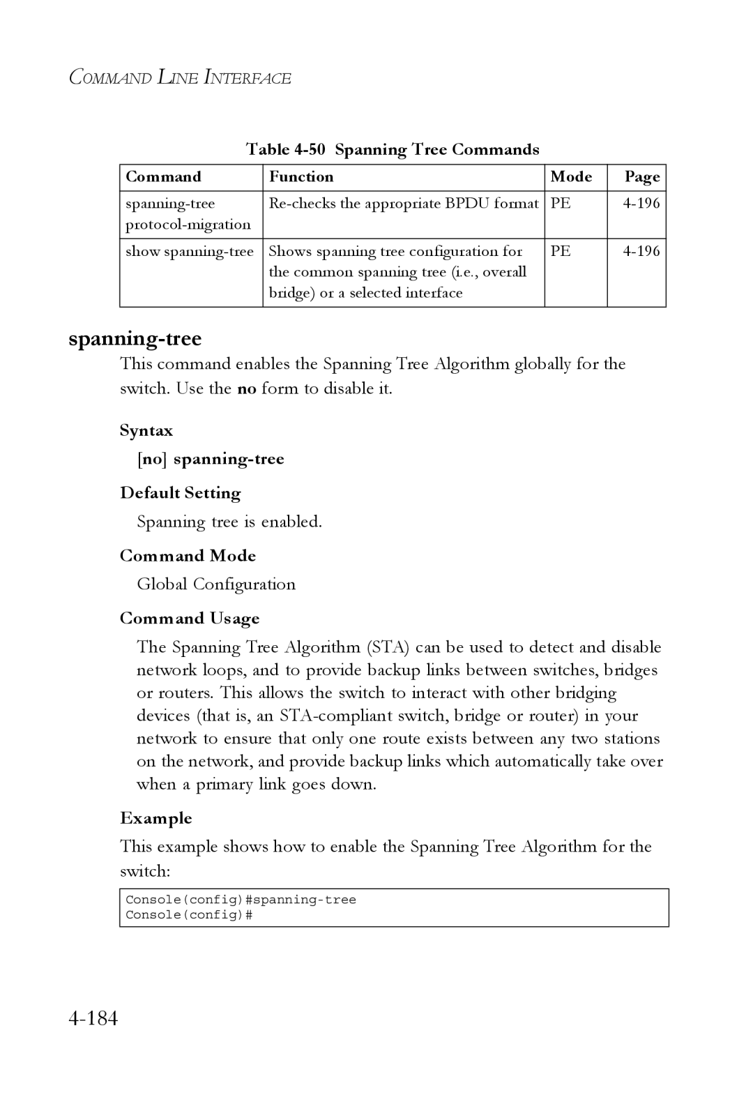 SMC Networks SMC6752AL2 manual Spanning-tree, Syntax No spanning-tree Default Setting, Spanning tree is enabled 