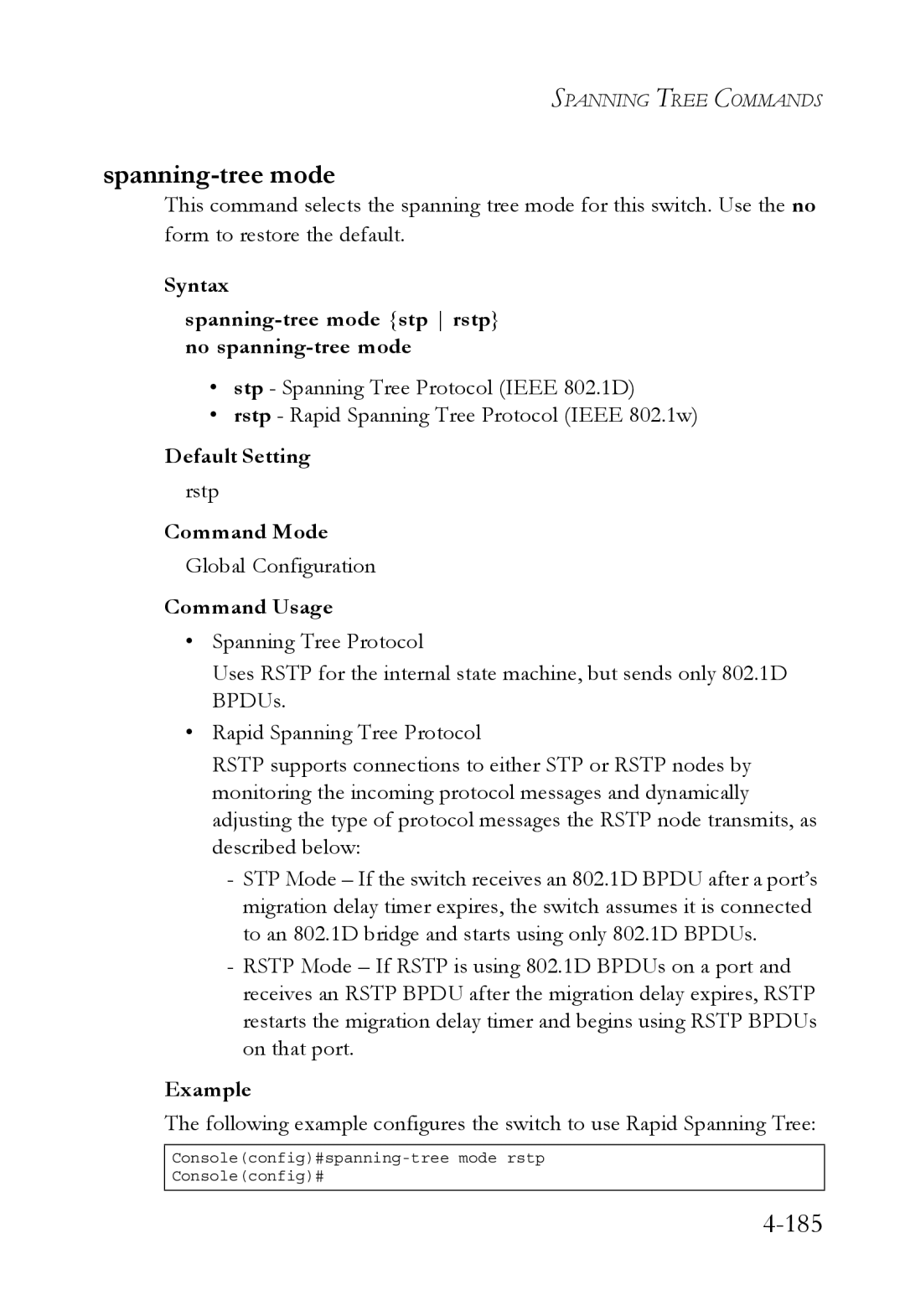 SMC Networks SMC6752AL2 manual Syntax Spanning-tree mode stp rstp no spanning-tree mode, Rstp 